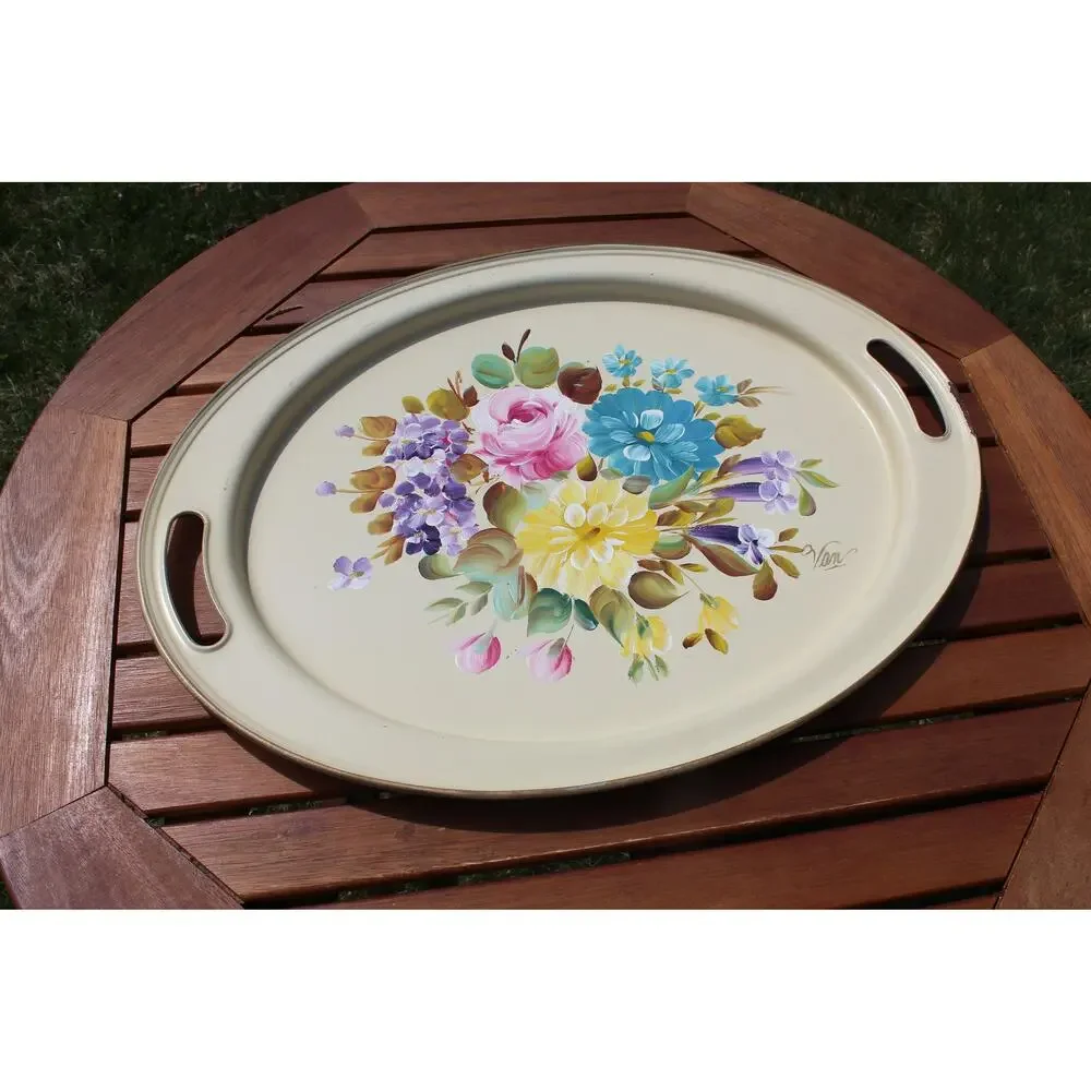 Nashco Tole Painted Metal Tray Vintage Hand Painted Floral Toleware Beige